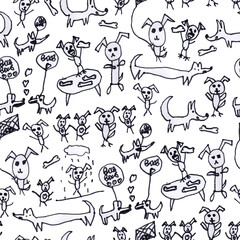 Hand drawn by felt tip pen funny dog sketches. Seamless pattern on a white background