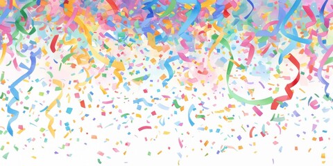 Colorful Confetti and Streamers Falling Against a White Background Celebrating a Festive Party or Event