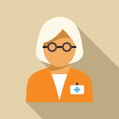 Flat style icon of a senior female doctor with short white hair wearing glasses and an id card, isolated on a beige background