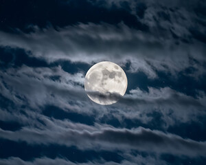 Full Moon Night Sky with a full moon in a very nice cloudy sky overcast, with thick clouds covering the sky.