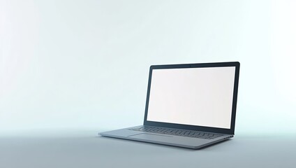 Fototapeta premium 3D rendering of a glossy laptop with a blank screen positioned on a white background, slightly left of center, illuminated by white studio light.