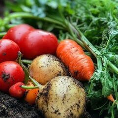 A close-up of organic vegetables with dirt still clinging to them, emphasizing their fresh-from-the-garden look