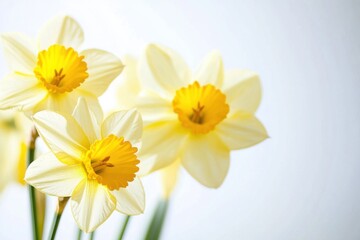 Fototapeta premium Bright yellow daffodils blooming in springtime sunlight against a soft background