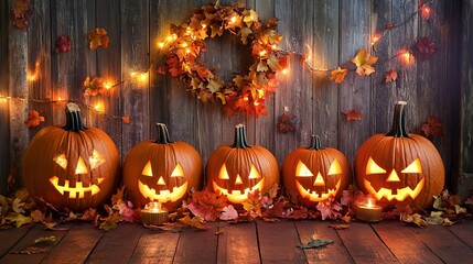 Scary Halloween pumpkins next to each other with a wooden hut in background and design of autumn leaves