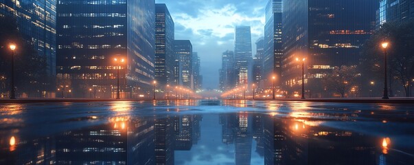 Fototapeta premium Empty city street reflecting in a wet road at night.