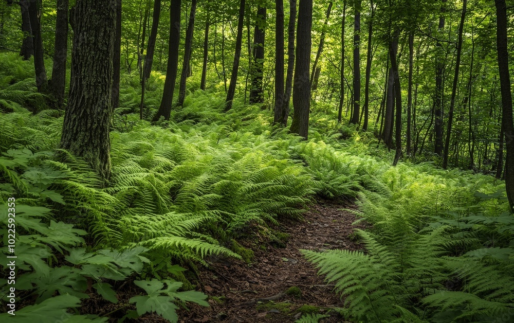 Canvas Prints A collection of ferns growing along a forest trail, their leaves gently swaying in the breeze