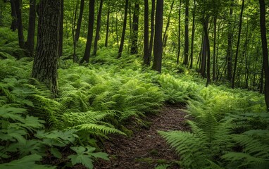 Fototapeta premium A collection of ferns growing along a forest trail, their leaves gently swaying in the breeze
