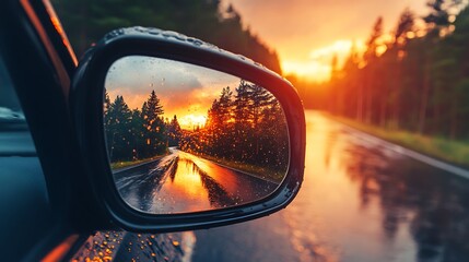 Side-view mirror of a car, vehicle on the road with beautiful rainy sunset view of pine forests