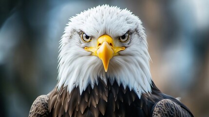 Fototapeta premium Bald eagle portrait, fierce gaze, detailed feathers, natural background