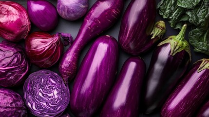 Fototapeta premium A collection of vibrant purple vegetables, including eggplant, purple carrots, and red cabbage, arranged together