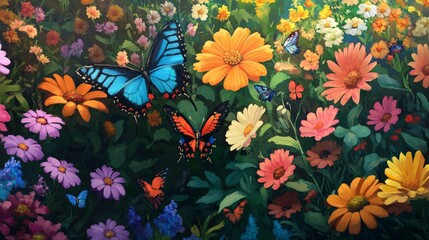 Fototapeta premium A colorful flower garden in full bloom, with butterflies fluttering among the flowers