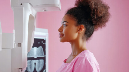 woman undergoing mammogram examination in medical setting, showcasing importance of health screenings. environment is bright and supportive, emphasizing care and awareness