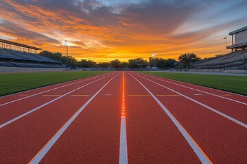 Red running track leading towards a vibrant sunrise.