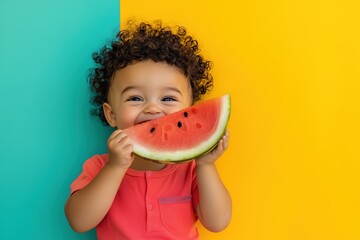 A joyful child enjoying a slice of watermelon against a colorful background on a sunny day