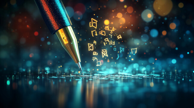 A pen writes a story in the air with glowing symbols and colors at an imaginative twilight setting - Powered by Adobe