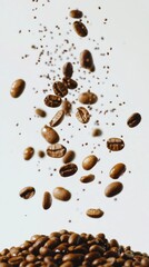 Obraz premium A collection of coffee beans and particles in mid-air, showcasing their texture and form.