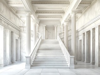 Obraz premium Full white themed heavenly majestic palace with long stairs, bright lights shine through windows make fantasy godly interior view