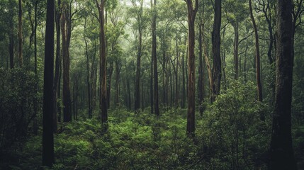 Fototapeta premium A dense forest filled with native trees thriving in their natural habitat, surrounded by wildlife