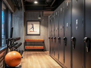 Interior view of a sports club with dumbbells in a row, racks of black containers next to wall