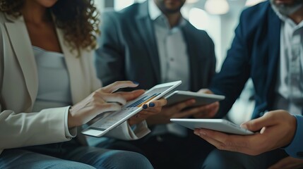Close-up of diverse business professionals collaborating and analyzing graphs on digital tablets in a modern office setting