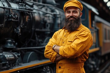 A bearded man in a yellow jumpsuit stands by a train. This image is perfect for illustrating a story about hard work and dedication to one's craft.