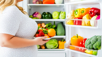 Healthy eating is essential for well being, as shown by this woman holding bowl of fresh fruits and vegetables in front of well stocked refrigerator