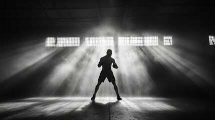 lone boxer is captured in dramatic black and white photo, shadowboxing in dimly lit gym. beams of light create powerful atmosphere, emphasizing strength and determination