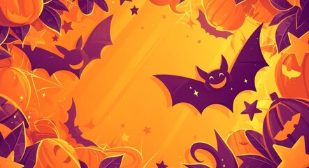 Naklejka premium Playful Halloween banner featuring paper-cut bat, pumpkin, and stars on an orange background, showcasing cute cartoon-style illustrations with an orange and purple color scheme