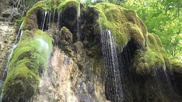 Waterfall Pisoaia in Apuseni, Romania, River in Mountains, Clear Spring Fresh Water, Transparent Alpine Stream, Crystalline Brook, Crystal Drops