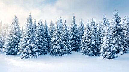 A forest of evergreen trees covered in snow, standing tall in a winter landscape