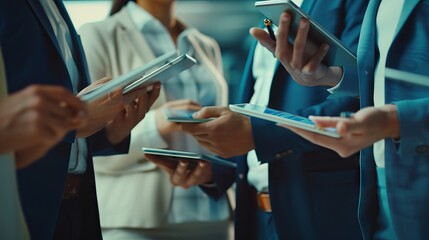 Close-up of diverse business professionals collaborating and analyzing graphs on digital tablets in a modern office setting
