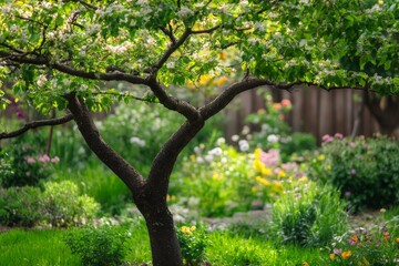 Obraz premium A grafted tree in a garden, its branches flourishing as new growth merges with the old