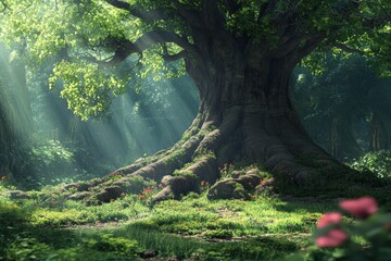 Fototapeta premium A giant, ancient tree with sprawling roots, surrounded by a lush forest