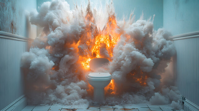 A toilet exploding in a dramatic commercial photography style, capturing the surreal and unexpected moment with dynamic motion and vivid details. The scene portrays chaos and humor, creating a visuall