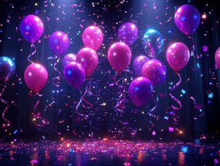 A vibrant festive scene illuminated by bright spotlights, showcasing an array of multicolored balloons