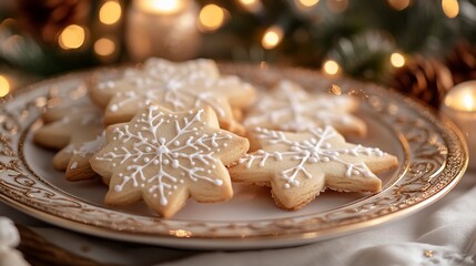 Close-up of snowflake sugar cookies on a plate with a blurry background of Christmas lights and greenery.