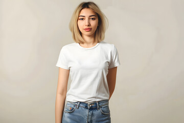 Confident young woman of Caucasian descent, wearing a simple white t-shirt and jeans, stands against a neutral background.