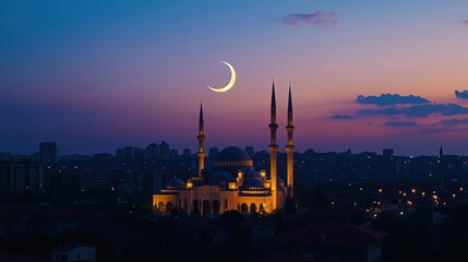 Fototapeta premium Mosque silhouette against crescent moon, twilight sky, cityscape