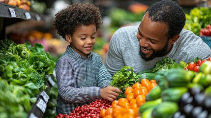 A father and son joyfully selecting fresh produce together in a market.