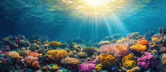 Naklejka premium Vibrant coral reef with sun rays shining through the water.
