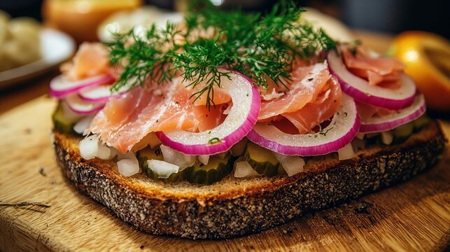Un s&aacute;ndwich abierto con salm&oacute;n, rodajas de cebolla roja y pepinillos, servido sobre pan r&uacute;stico y decorado con eneldo fresco.

