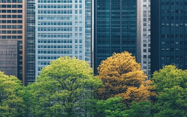 A group of urban trees standing tall in front of skyscrapers, blending nature with modern life