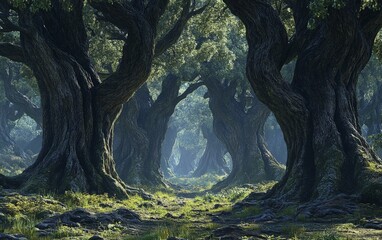 A grove of ancient trees, their trunks thick and twisted with age, standing in silence