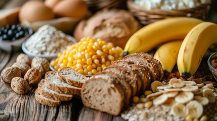 Healthy carbohydrates such as oats, sweet potatoes, and bananas, photographed on a wooden surface with warm tones