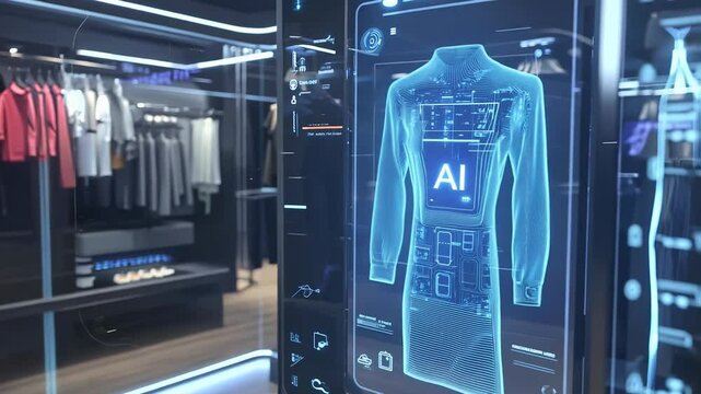 Futuristic Clothing Store Display with Interactive AI Interface