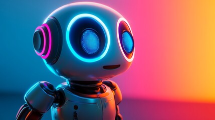 Little cute robot with neon blue lights on a monitor as eyes; High technology AI robot on colorful hues of pink, red and blue colors