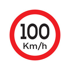 Speed limit 100 KM highway sign. One hundred kilometers per hour traffic road symbol. Restriction sign for car drivers not to exceed the speed over 100 kilometers per hour. Vector illustration.
