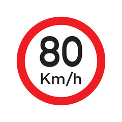 Speed limit 80 KM highway sign. Eighty kilometers per hour traffic road symbol. Restriction sign for car drivers not to exceed the speed over 80 kilometers per hour. Vector illustration.
