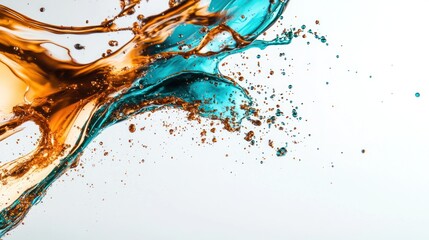 Abstract splash of orange and turquoise liquid against a light background.