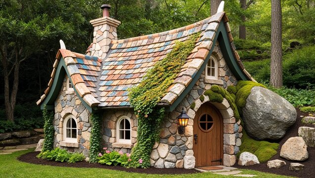 whimsical, fairytale-style stone cottage nestled in a lush, green forest setting.